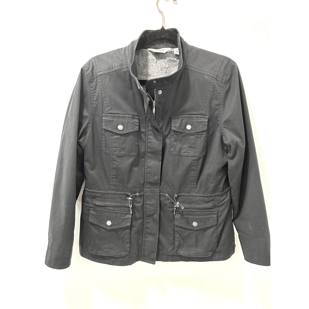 LL Bean Women Black Utility Field Jacket Fleece Lined Petite Medium 291651